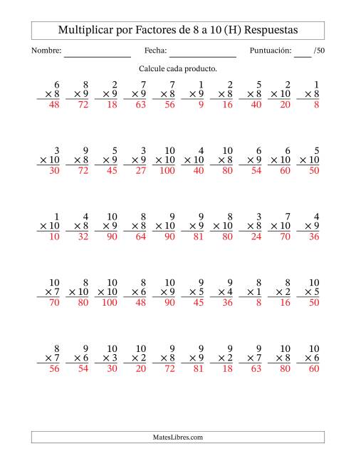 La hoja de ejercicios de Multiplicar (Factores de 1 a 10) por Factores de 8 a 10 (50 Preguntas) (H) Página 2