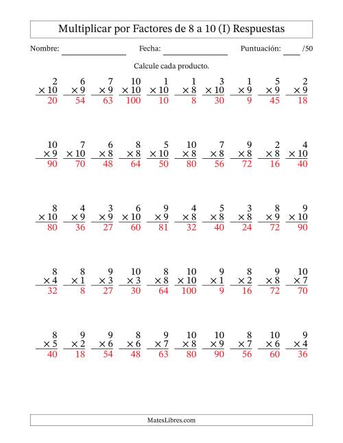 La hoja de ejercicios de Multiplicar (Factores de 1 a 10) por Factores de 8 a 10 (50 Preguntas) (I) Página 2