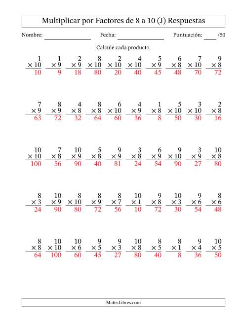 La hoja de ejercicios de Multiplicar (Factores de 1 a 10) por Factores de 8 a 10 (50 Preguntas) (J) Página 2