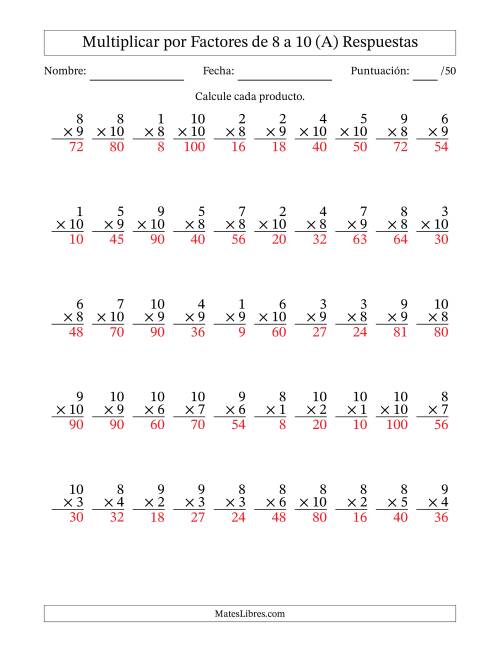 La hoja de ejercicios de Multiplicar (Factores de 1 a 10) por Factores de 8 a 10 (50 Preguntas) (Todas) Página 2