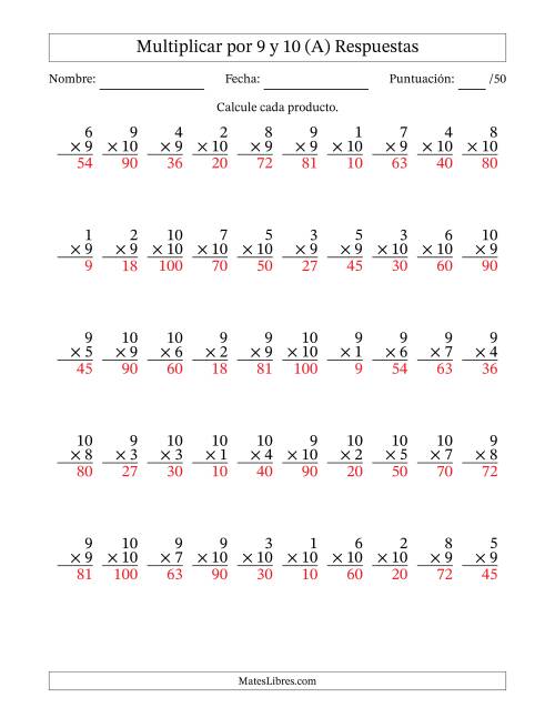La hoja de ejercicios de Multiplicar (Factores de 1 a 10) por 9 y 10 (50 Preguntas) (A) Página 2