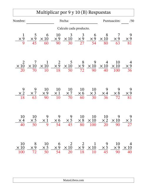 La hoja de ejercicios de Multiplicar (Factores de 1 a 10) por 9 y 10 (50 Preguntas) (B) Página 2