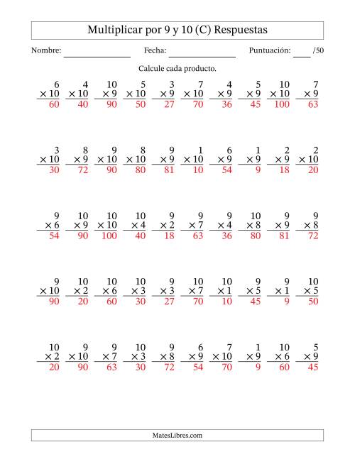 La hoja de ejercicios de Multiplicar (Factores de 1 a 10) por 9 y 10 (50 Preguntas) (C) Página 2