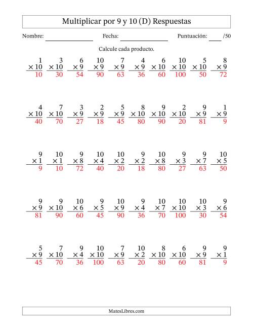 La hoja de ejercicios de Multiplicar (Factores de 1 a 10) por 9 y 10 (50 Preguntas) (D) Página 2
