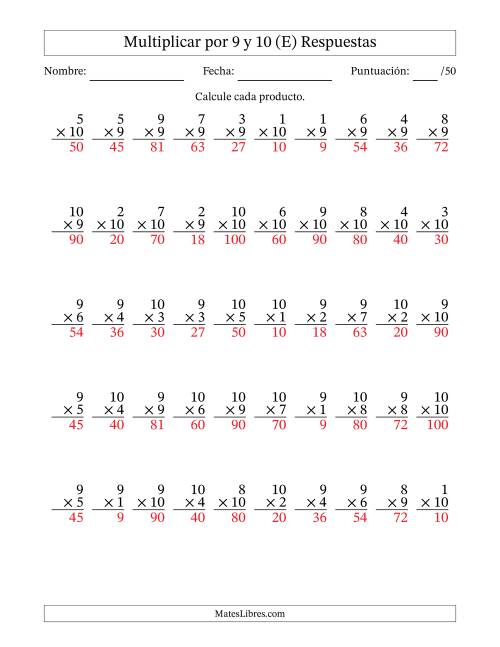 La hoja de ejercicios de Multiplicar (Factores de 1 a 10) por 9 y 10 (50 Preguntas) (E) Página 2