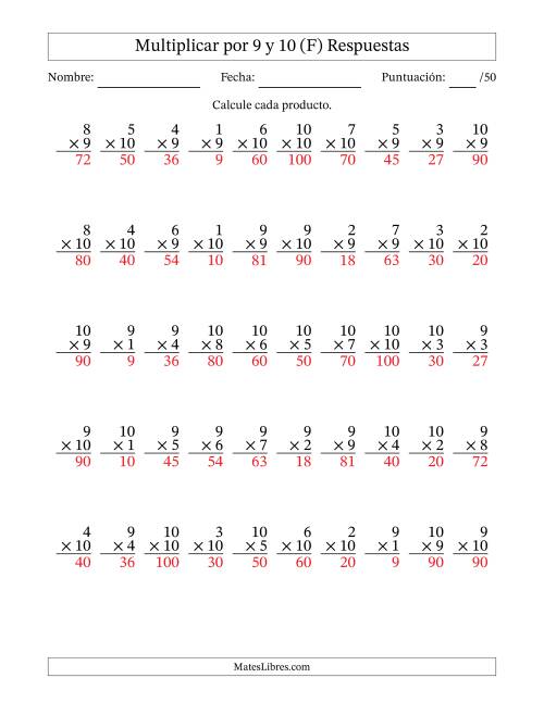 La hoja de ejercicios de Multiplicar (Factores de 1 a 10) por 9 y 10 (50 Preguntas) (F) Página 2