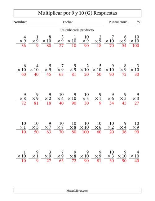 La hoja de ejercicios de Multiplicar (Factores de 1 a 10) por 9 y 10 (50 Preguntas) (G) Página 2