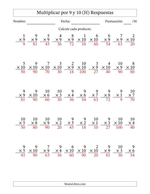 La hoja de ejercicios de Multiplicar (Factores de 1 a 10) por 9 y 10 (50 Preguntas) (H) Página 2