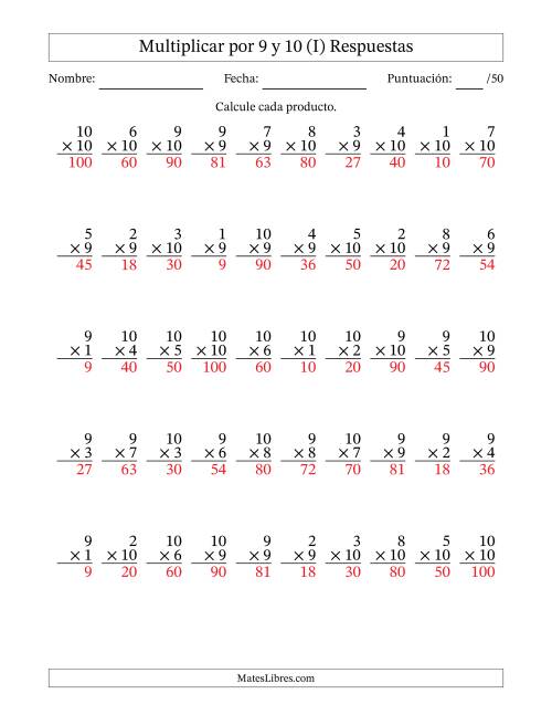 La hoja de ejercicios de Multiplicar (Factores de 1 a 10) por 9 y 10 (50 Preguntas) (I) Página 2