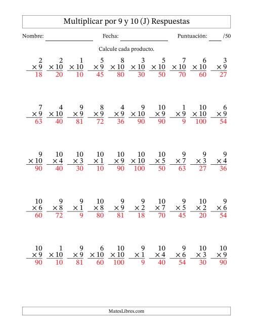 La hoja de ejercicios de Multiplicar (Factores de 1 a 10) por 9 y 10 (50 Preguntas) (J) Página 2