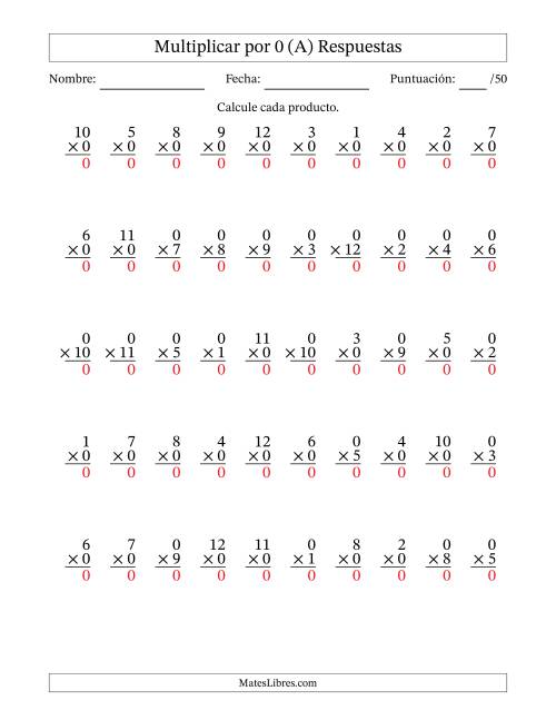 La hoja de ejercicios de Multiplicar (Factores de 1 a 12) por 0 (50 Preguntas) (A) Página 2