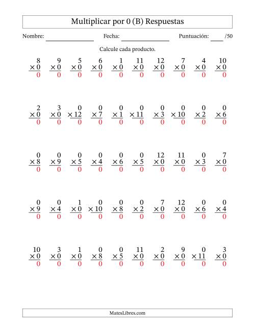La hoja de ejercicios de Multiplicar (Factores de 1 a 12) por 0 (50 Preguntas) (B) Página 2