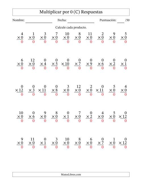 La hoja de ejercicios de Multiplicar (Factores de 1 a 12) por 0 (50 Preguntas) (C) Página 2