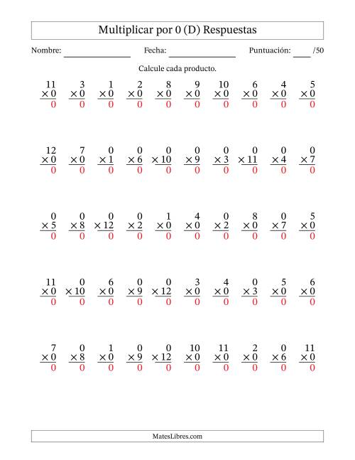 La hoja de ejercicios de Multiplicar (Factores de 1 a 12) por 0 (50 Preguntas) (D) Página 2