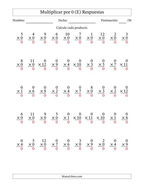 La hoja de ejercicios de Multiplicar (Factores de 1 a 12) por 0 (50 Preguntas) (E) Página 2