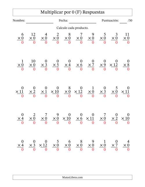 La hoja de ejercicios de Multiplicar (Factores de 1 a 12) por 0 (50 Preguntas) (F) Página 2