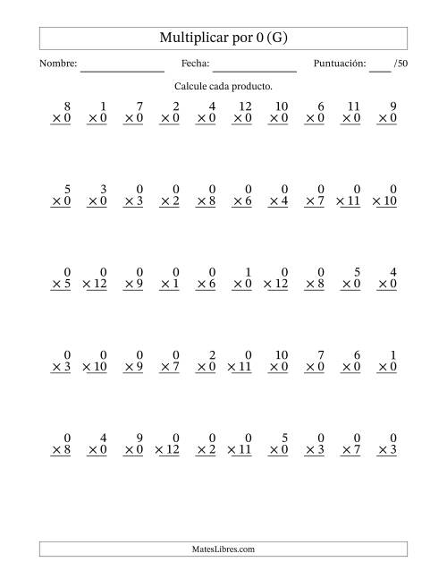 La hoja de ejercicios de Multiplicar (Factores de 1 a 12) por 0 (50 Preguntas) (G)
