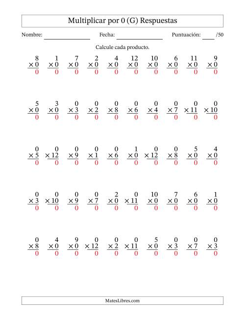 La hoja de ejercicios de Multiplicar (Factores de 1 a 12) por 0 (50 Preguntas) (G) Página 2