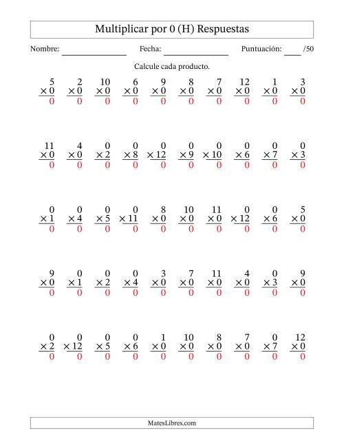 La hoja de ejercicios de Multiplicar (Factores de 1 a 12) por 0 (50 Preguntas) (H) Página 2