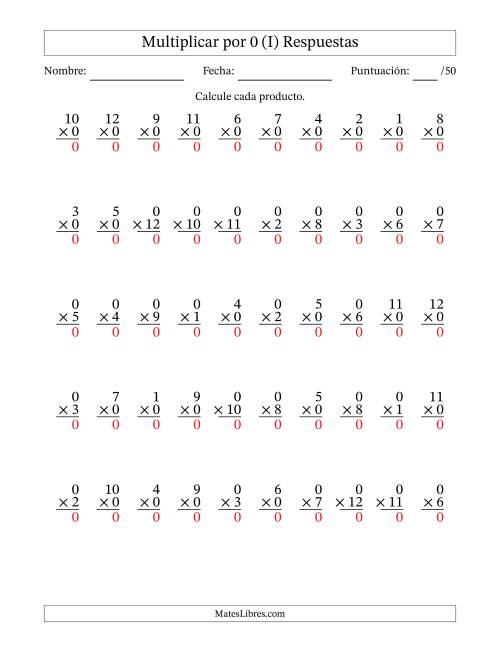 La hoja de ejercicios de Multiplicar (Factores de 1 a 12) por 0 (50 Preguntas) (I) Página 2