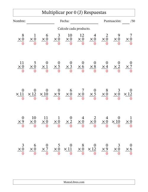 La hoja de ejercicios de Multiplicar (Factores de 1 a 12) por 0 (50 Preguntas) (J) Página 2