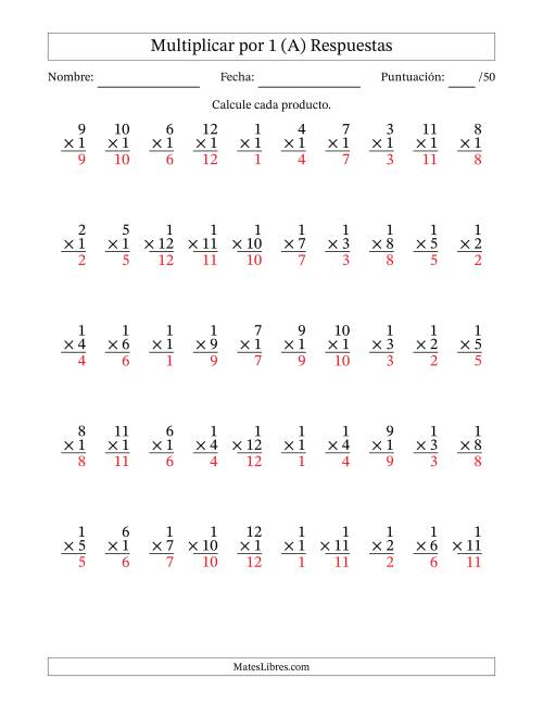 La hoja de ejercicios de Multiplicar (Factores de 1 a 12) por 1 (50 Preguntas) (A) Página 2