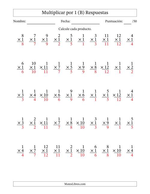 La hoja de ejercicios de Multiplicar (Factores de 1 a 12) por 1 (50 Preguntas) (B) Página 2