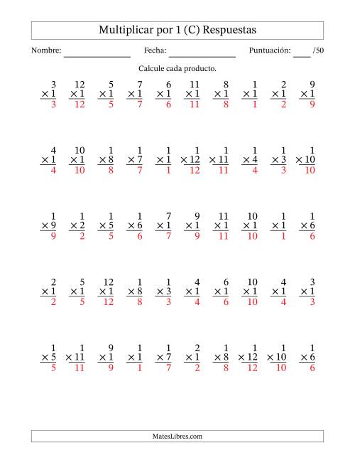 La hoja de ejercicios de Multiplicar (Factores de 1 a 12) por 1 (50 Preguntas) (C) Página 2