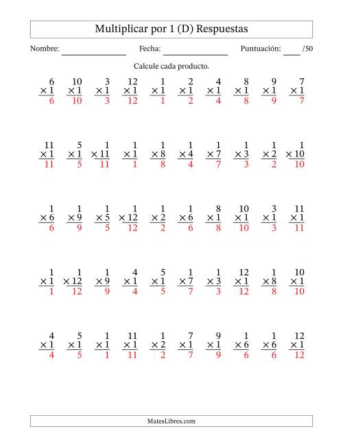 La hoja de ejercicios de Multiplicar (Factores de 1 a 12) por 1 (50 Preguntas) (D) Página 2