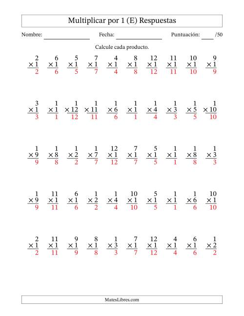 La hoja de ejercicios de Multiplicar (Factores de 1 a 12) por 1 (50 Preguntas) (E) Página 2