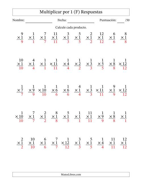 La hoja de ejercicios de Multiplicar (Factores de 1 a 12) por 1 (50 Preguntas) (F) Página 2