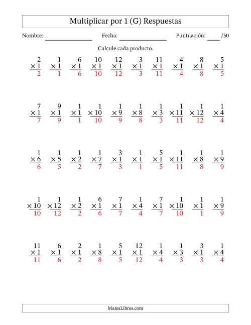 La hoja de ejercicios de Multiplicar (Factores de 1 a 12) por 1 (50 Preguntas) (G) Página 2