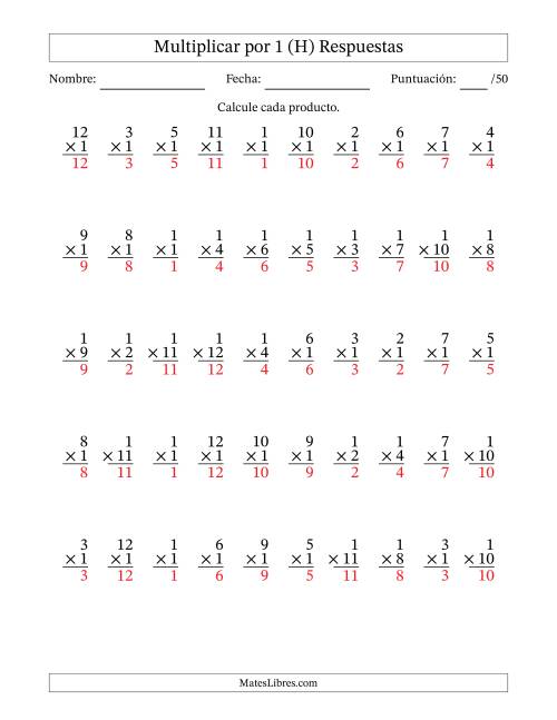 La hoja de ejercicios de Multiplicar (Factores de 1 a 12) por 1 (50 Preguntas) (H) Página 2