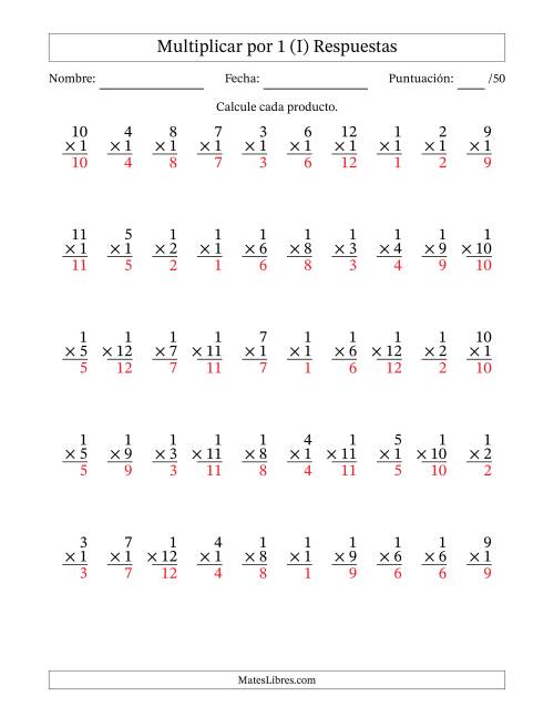 La hoja de ejercicios de Multiplicar (Factores de 1 a 12) por 1 (50 Preguntas) (I) Página 2