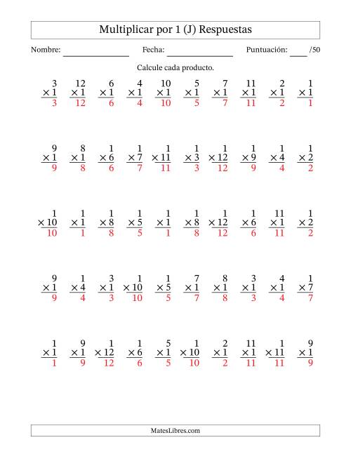 La hoja de ejercicios de Multiplicar (Factores de 1 a 12) por 1 (50 Preguntas) (J) Página 2