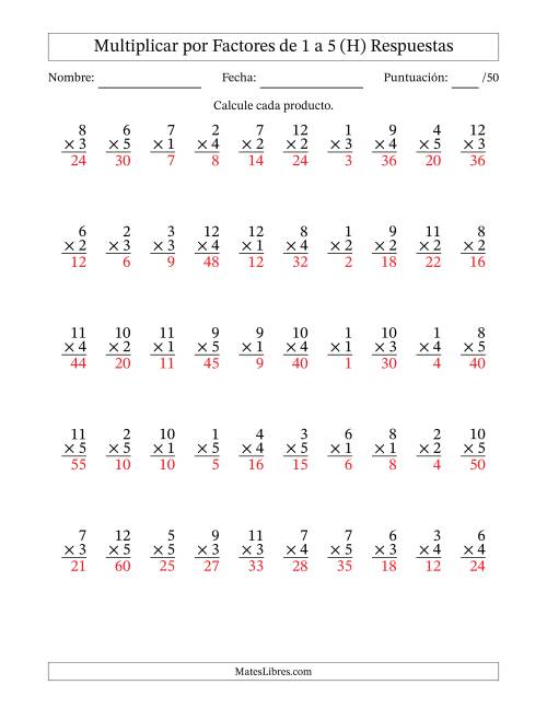 La hoja de ejercicios de Multiplicar (Factores de 1 a 12) por Factores de 1 a 5 (50 Preguntas) (H) Página 2