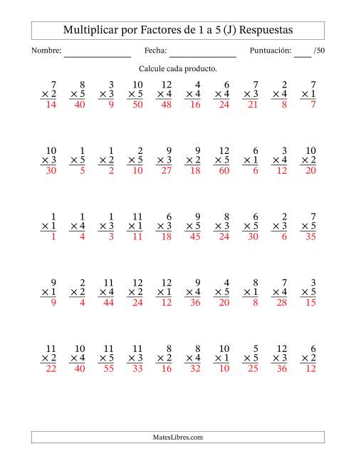 La hoja de ejercicios de Multiplicar (Factores de 1 a 12) por Factores de 1 a 5 (50 Preguntas) (J) Página 2