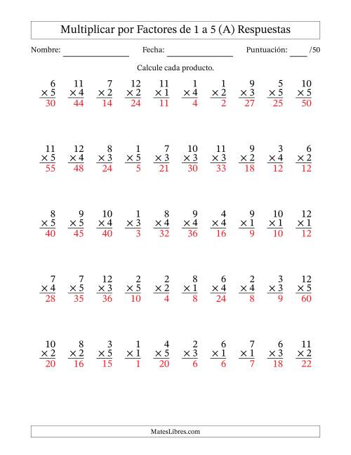 La hoja de ejercicios de Multiplicar (Factores de 1 a 12) por Factores de 1 a 5 (50 Preguntas) (Todas) Página 2