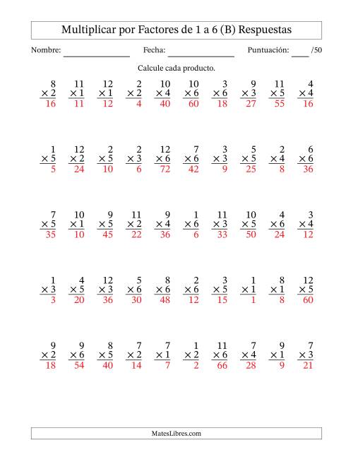 La hoja de ejercicios de Multiplicar (Factores de 1 a 12) por Factores de 1 a 6 (50 Preguntas) (B) Página 2