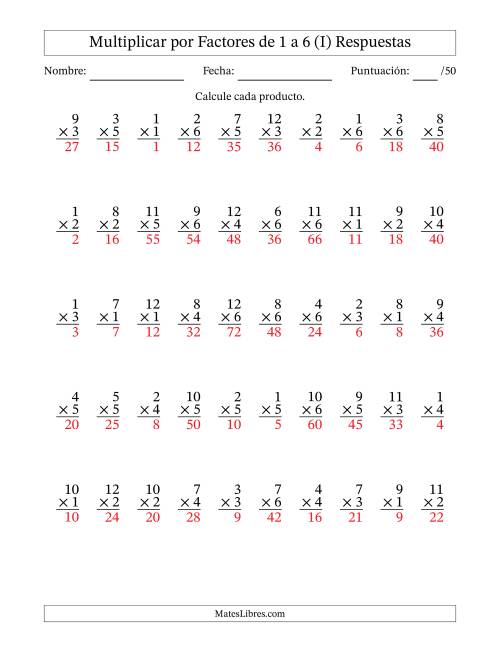 La hoja de ejercicios de Multiplicar (Factores de 1 a 12) por Factores de 1 a 6 (50 Preguntas) (I) Página 2