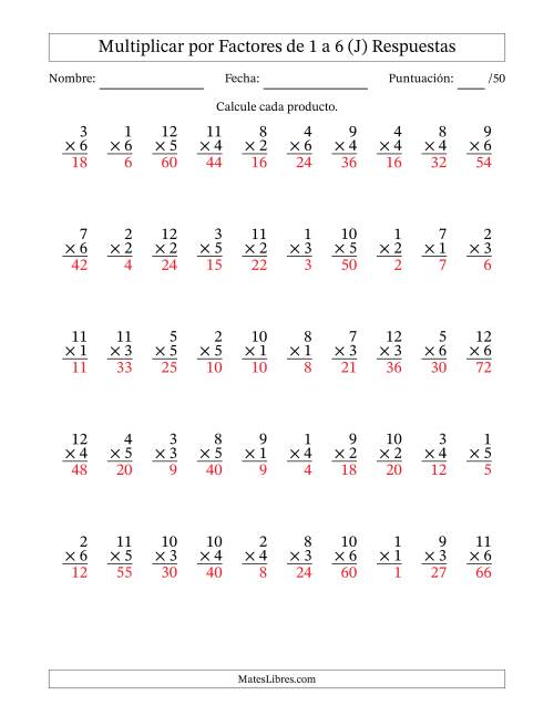 La hoja de ejercicios de Multiplicar (Factores de 1 a 12) por Factores de 1 a 6 (50 Preguntas) (J) Página 2