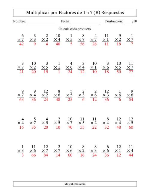 La hoja de ejercicios de Multiplicar (Factores de 1 a 12) por Factores de 1 a 7 (50 Preguntas) (B) Página 2