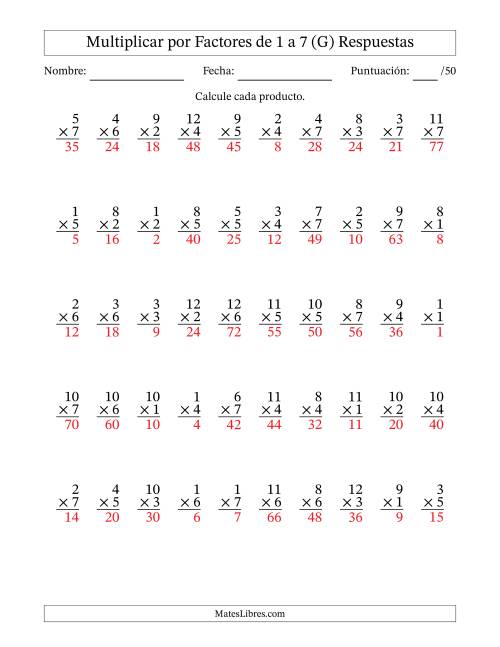 La hoja de ejercicios de Multiplicar (Factores de 1 a 12) por Factores de 1 a 7 (50 Preguntas) (G) Página 2