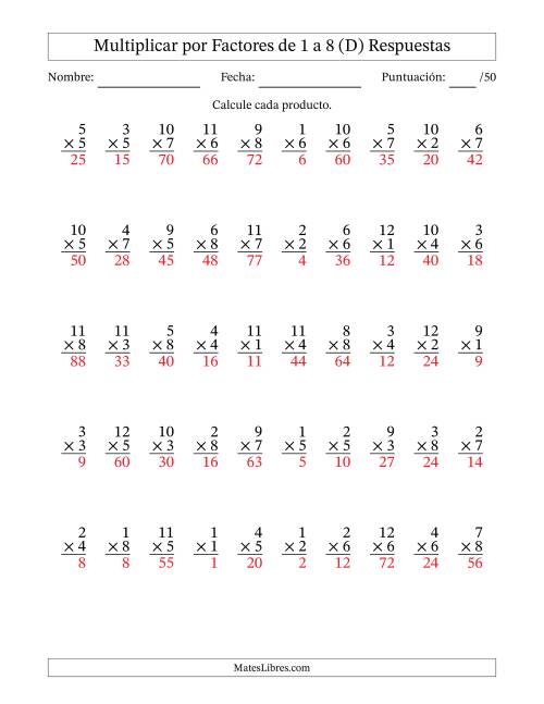 La hoja de ejercicios de Multiplicar (Factores de 1 a 12) por Factores de 1 a 8 (50 Preguntas) (D) Página 2