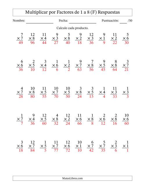 La hoja de ejercicios de Multiplicar (Factores de 1 a 12) por Factores de 1 a 8 (50 Preguntas) (F) Página 2