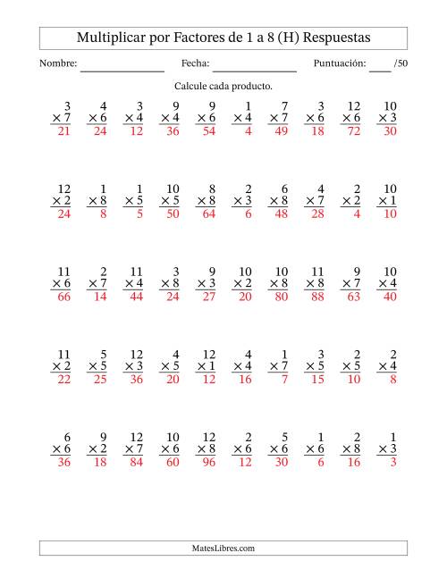 La hoja de ejercicios de Multiplicar (Factores de 1 a 12) por Factores de 1 a 8 (50 Preguntas) (H) Página 2
