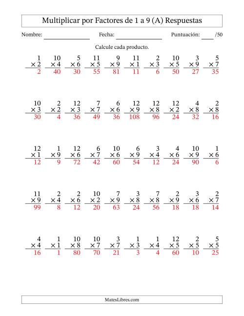 La hoja de ejercicios de Multiplicar (Factores de 1 a 12) por Factores de 1 a 9 (50 Preguntas) (A) Página 2
