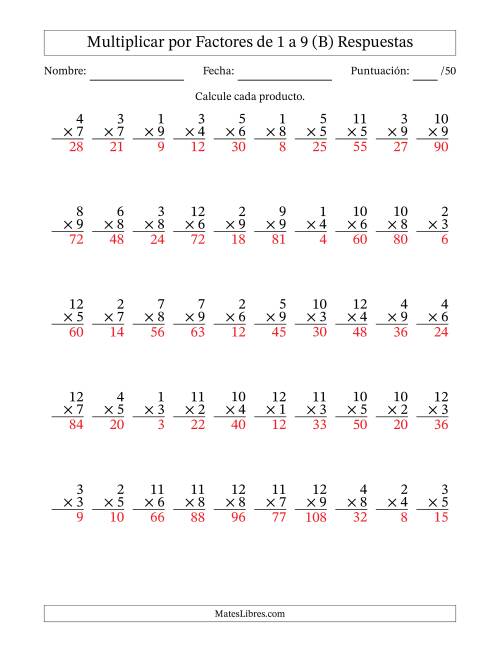 La hoja de ejercicios de Multiplicar (Factores de 1 a 12) por Factores de 1 a 9 (50 Preguntas) (B) Página 2