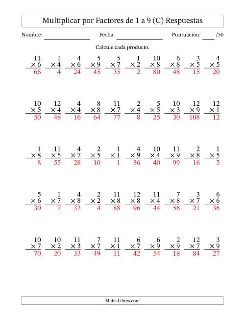 La hoja de ejercicios de Multiplicar (Factores de 1 a 12) por Factores de 1 a 9 (50 Preguntas) (C) Página 2