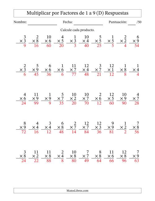 La hoja de ejercicios de Multiplicar (Factores de 1 a 12) por Factores de 1 a 9 (50 Preguntas) (D) Página 2